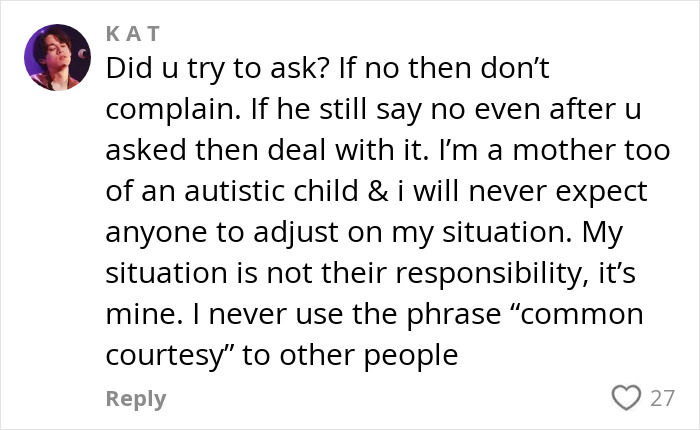 Comment from annoyed mom discussing reclined plane seat crushing her and the challenges faced with others not adjusting. Comment from annoyed mom discussing reclined plane seat crushing her and the challenges faced with others not adjusting.
