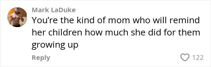 Comment on social media by a user named Mark LaDuke criticizing an annoyed mom for complaining about a reclined plane seat. Comment on social media by a user named Mark LaDuke criticizing an annoyed mom for complaining about a reclined plane seat.