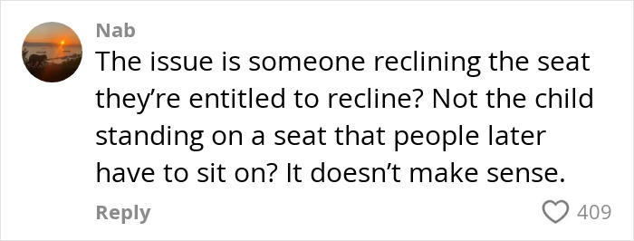 Comment discussing controversy over reclined plane seat and its impact, sparking viral debate among annoyed mom viewers. Comment discussing controversy over reclined plane seat and its impact, sparking viral debate among annoyed mom viewers.