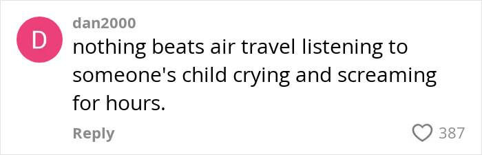 Comment on social media expressing frustration about air travel due to a child's crying during a flight. Comment on social media expressing frustration about air travel due to a child's crying during a flight.