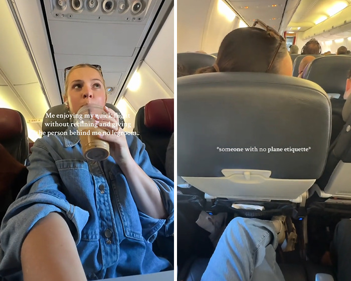 Mom on plane drinking coffee contrasted with reclined seat crushing passenger's space in viral debate over plane etiquette. Mom on plane drinking coffee contrasted with reclined seat crushing passenger's space in viral debate over plane etiquette.