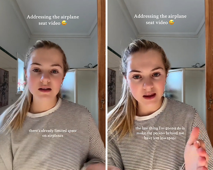 Woman addressing airplane seat video, discussing reclined plane seat issue causing discomfort on a flight. Woman addressing airplane seat video, discussing reclined plane seat issue causing discomfort on a flight.