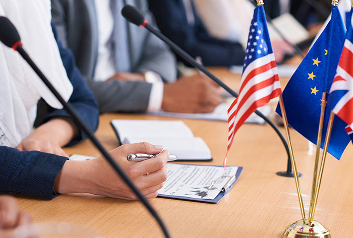 People at a conference table with microphones and international flags, discussing TikTok moms and controversial professions.