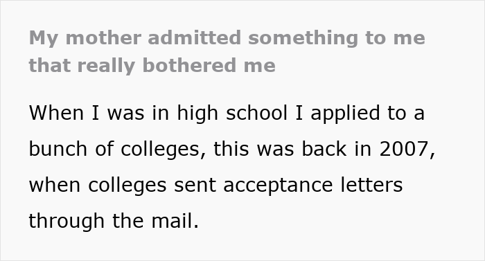 Text excerpt showing a mom admitting she purposefully hid college acceptance letters from her least favorite kid.