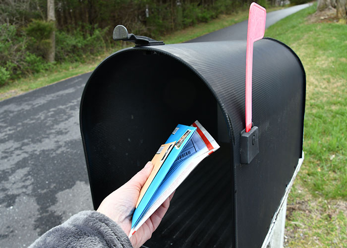 Hand pulling mail, including college acceptance letters, from an open black mailbox with a red flag raised on a rural road.