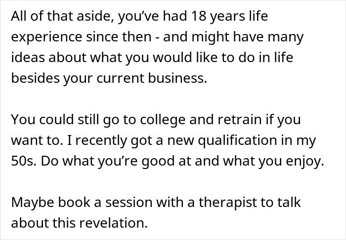 Text excerpt showing advice on going to college later in life and considering therapy after a family revelation about hidden college acceptance letters.