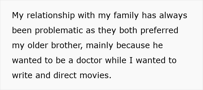 Text about a problematic family relationship with parents favoring older brother over the kid pursuing writing and directing.