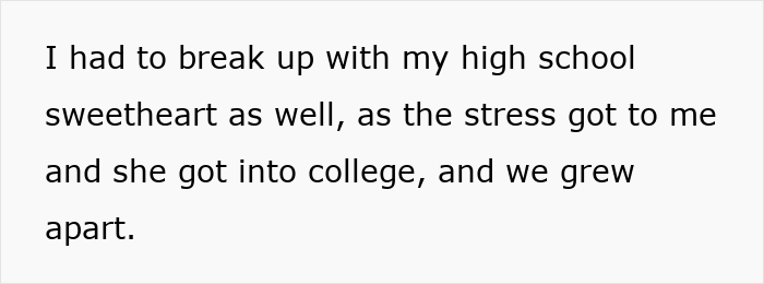 Text excerpt discussing breaking up with a high school sweetheart after college acceptance and growing apart.