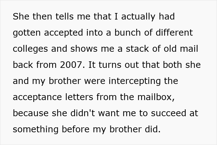Mom admits hiding college acceptance letters from least favorite kid to block their success and keep it from sibling.