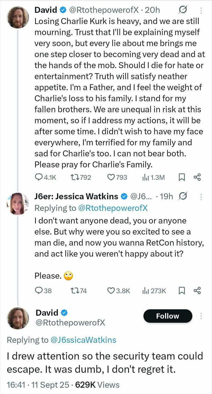 Tweet exchange discussing Charlie Kirk's attack, featuring David's comments about a mystery bearded man in crowd cheering.