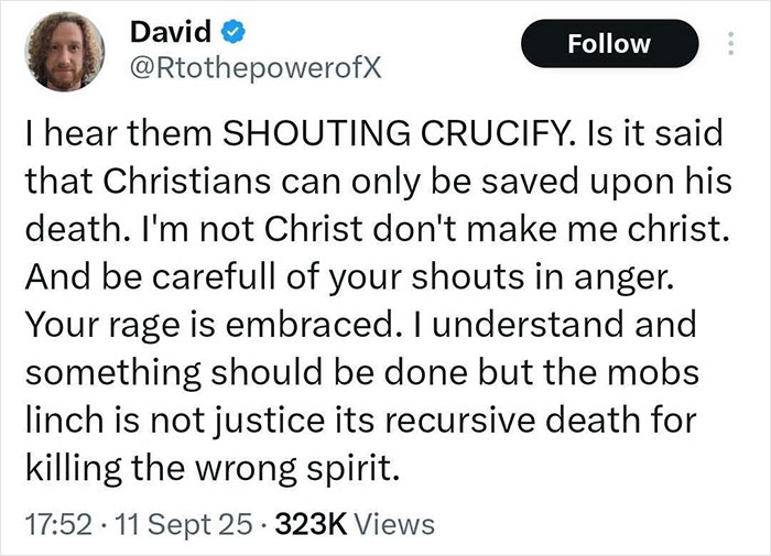 Tweet discussing a mystery bearded man in crowd during Charlie Kirk's attack, mentioning shouting and mob justice concerns.