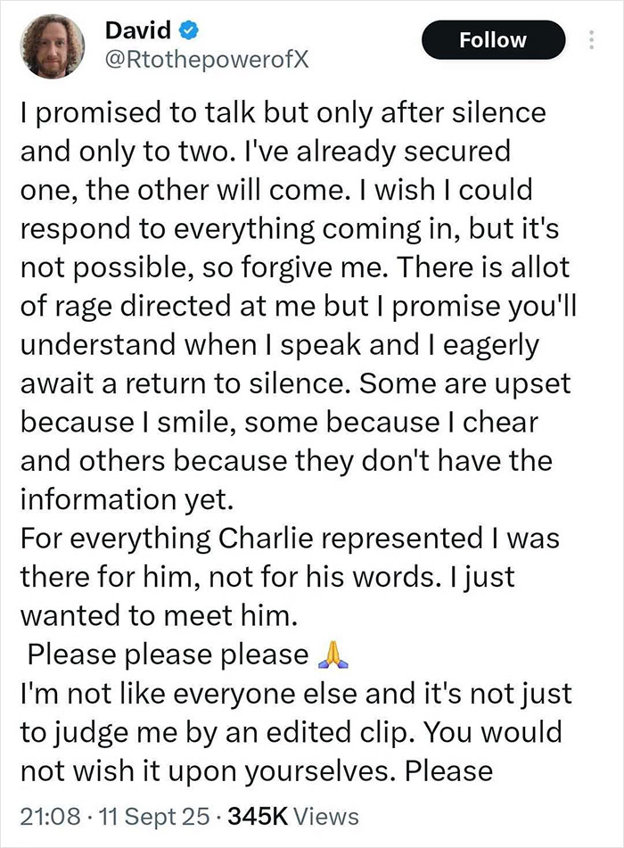 Tweet from David addressing reactions and clarifying his silence after Charlie Kirk's attack, mentioning support and misunderstandings.