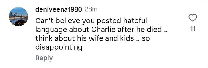 Comment criticizing Amanda Seyfried for calling Charlie Kirk hateful after his death, expressing disappointment. Comment criticizing Amanda Seyfried for calling Charlie Kirk hateful after his death, expressing disappointment.