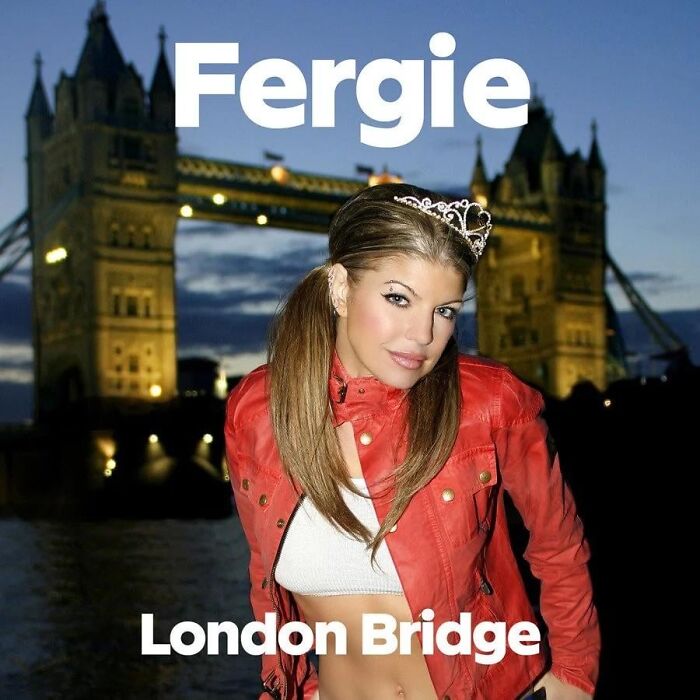 Fergie posing in front of London Bridge at night on an album cover noted for being one of the worst album covers.