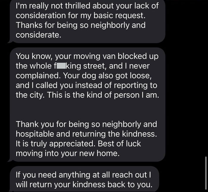 Text message exchange showing a neighbor upset about nanny parking blocking the front of their home.