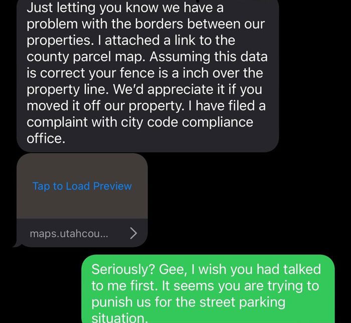 Text message exchange showing neighbor upset about property line and nanny parking in front of home conflict.