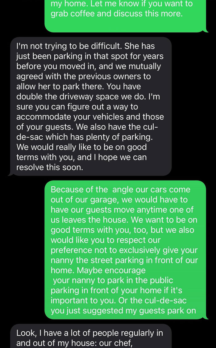Text message exchange showing neighbors discussing upset nanny parking in front of home and resolving parking space disagreement.