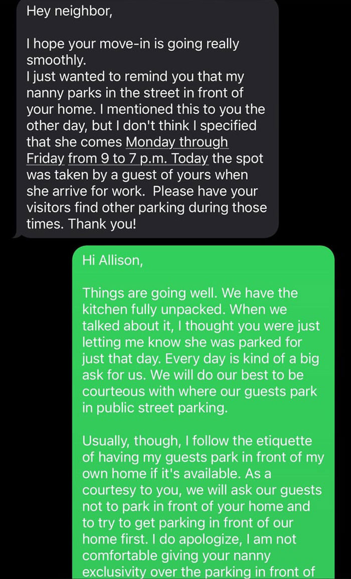 Text message exchange about neighbor upset with nanny parking in front of home, discussing courteous guest parking and street parking rules.