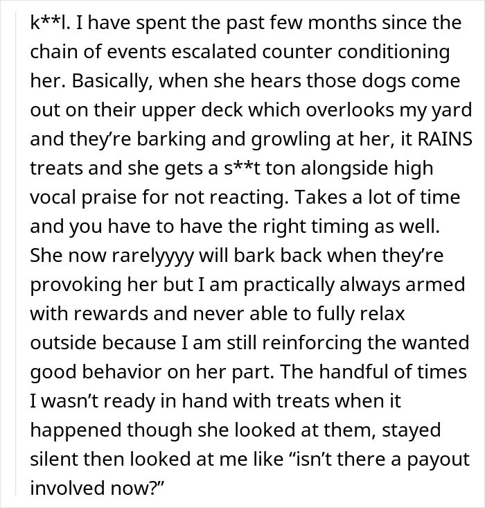 Text excerpt describing a woman teaching rude dog owners a lesson on respect by counter conditioning her dog&rsquo;s behavior.