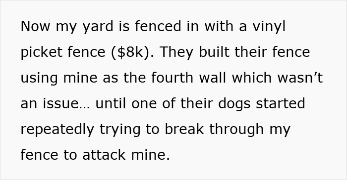 Yard fenced with vinyl picket fence as woman handles rude dog owners and enforces respect in neighborhood conflict.