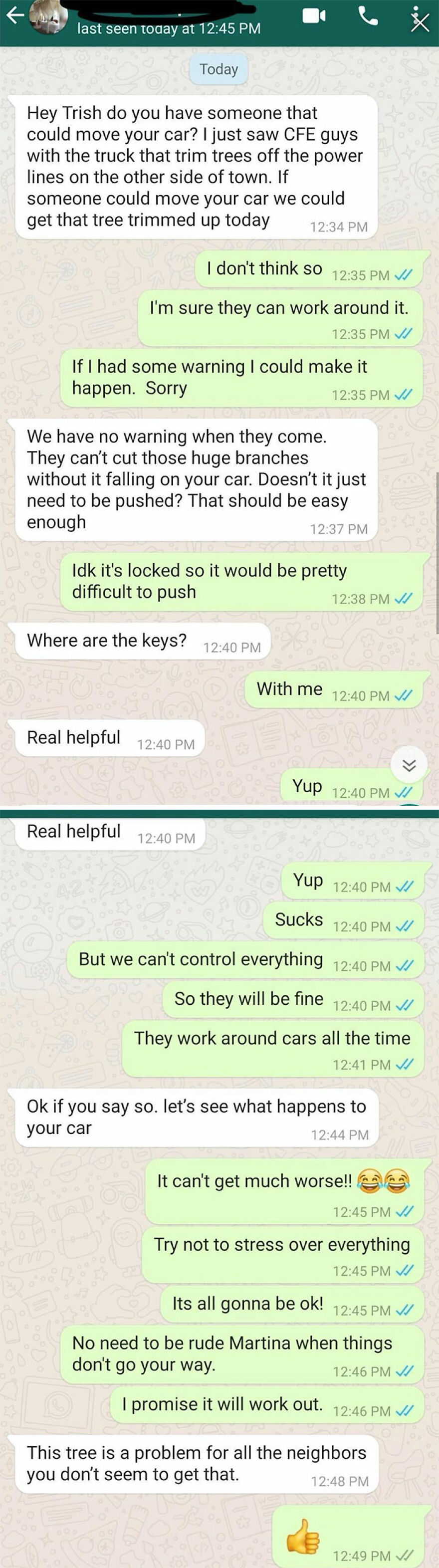 Text message exchange discussing tree trimming near power lines and challenges of living in the middle of nowhere with no neighbors.