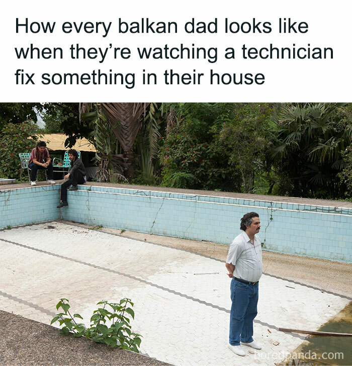 Man watching empty pool with suspicion, a meme capturing a typical Eastern Europe experience and Balkan dad behavior.