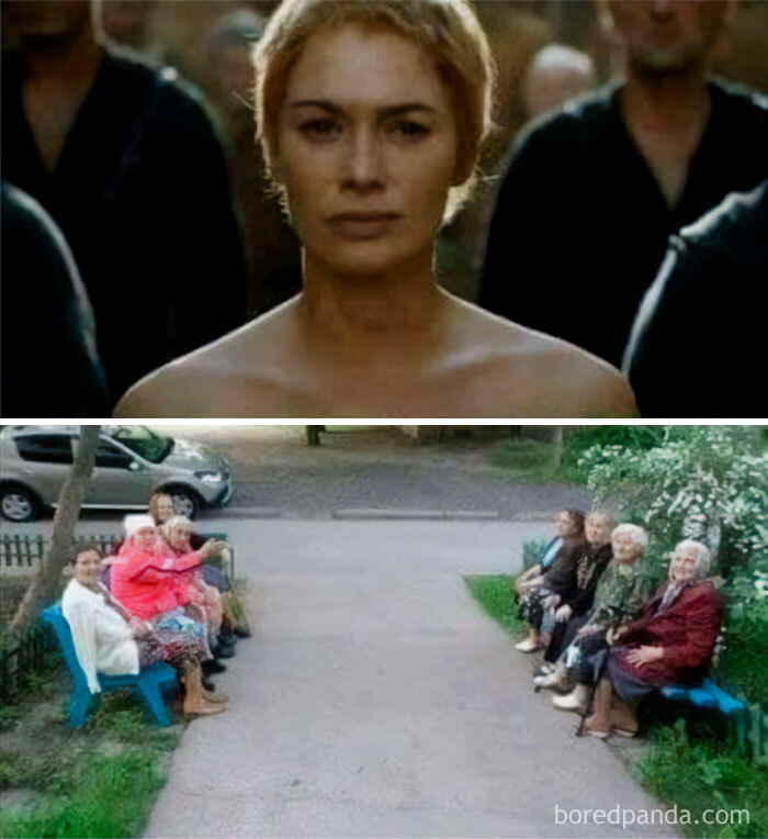 A woman with short hair and two groups of elderly people sitting opposite each other outdoors in Eastern Europe.