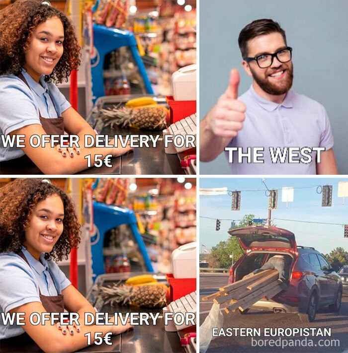 Collage with delivery service contrasts and a car overloaded with wood, capturing humor only people raised in Eastern Europe can comprehend.