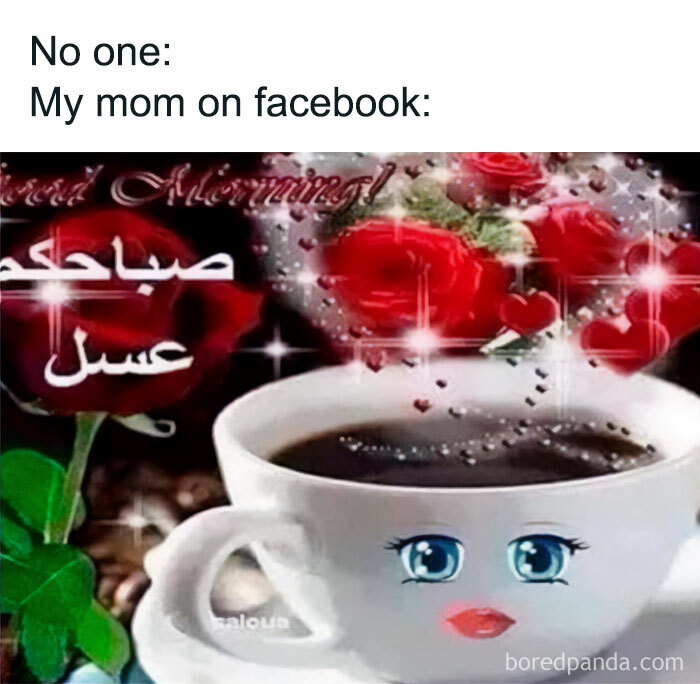 Coffee cup with animated eyes and lips next to red roses and sparkles, Eastern Europe memes humor about social media posts.