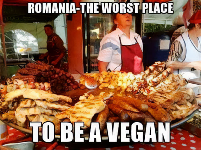 Large assortment of grilled meats at a Romanian food stall, highlighting Eastern Europe culture and cuisine humor.