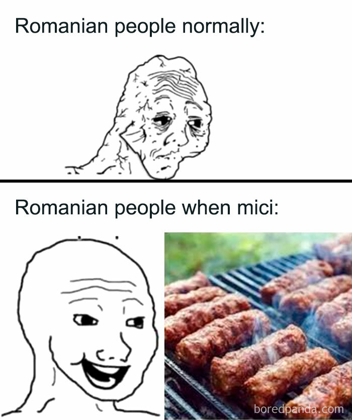 Meme showing Romanian people’s humorous reaction to mici grilled sausages, relatable to Eastern Europe culture and memes.
