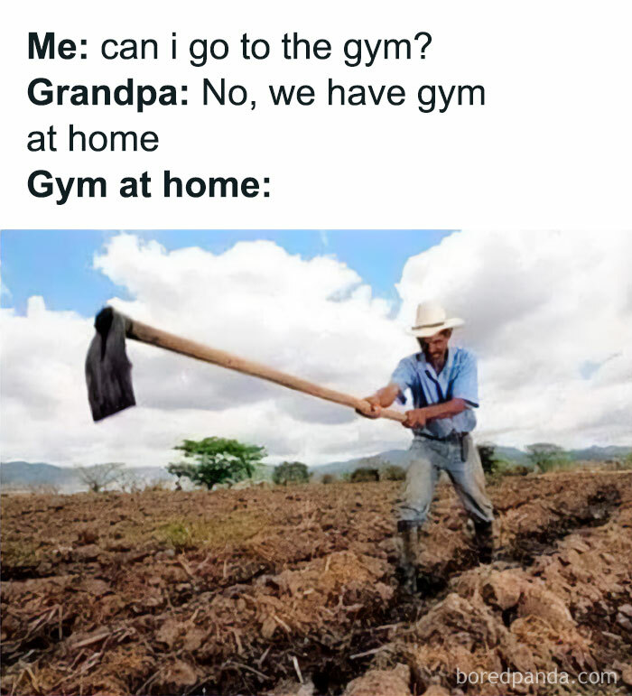 Man in a hat working vigorously with a h*e in a field, representing Eastern Europe humor and lifestyle memes.