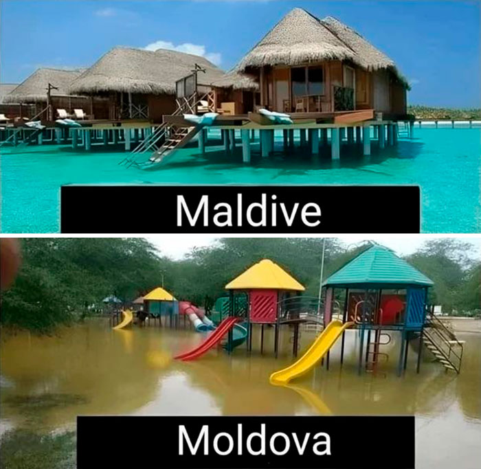 Comparison meme showing a luxury Maldives resort over clear water and a flooded playground in Moldova, highlighting Eastern Europe humor.