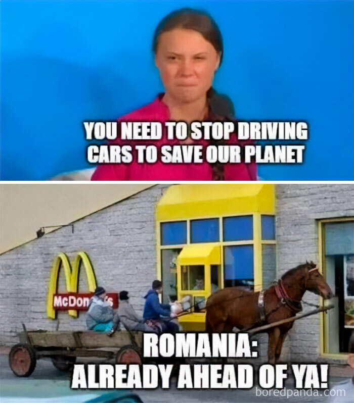 Meme showing a horse-drawn cart at a McDonald's drive-thru, humorously referencing Eastern Europe culture.
