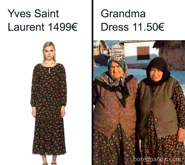 Comparison of expensive fashion dress vs affordable grandma dress meme relatable to people raised in Eastern Europe.