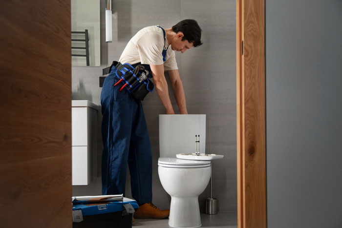 Plumber in blue overalls fixing a toilet in a bathroom, symbolizing nosy neighbor trauma concerns with home repairs. Plumber in blue overalls fixing a toilet in a bathroom, symbolizing nosy neighbor trauma concerns with home repairs.