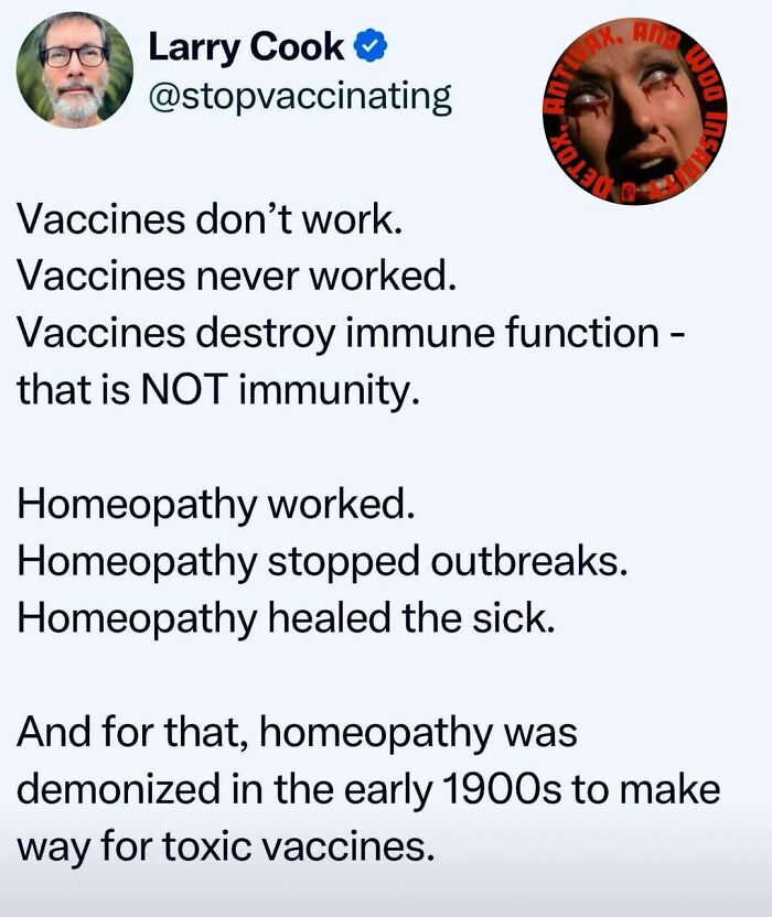 Tweet claiming vaccines don’t work and homeopathy healed outbreaks, illustrating absurd scientific takes on modern society.