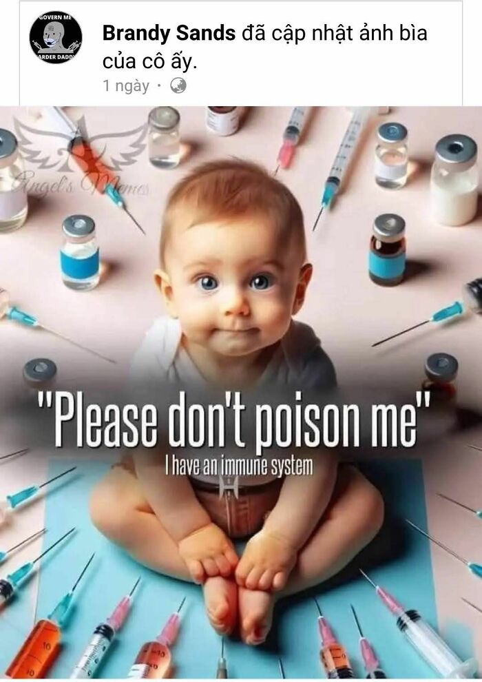 Baby surrounded by syringes and vials with caption about immune system highlighting absurd scientific takes in society.