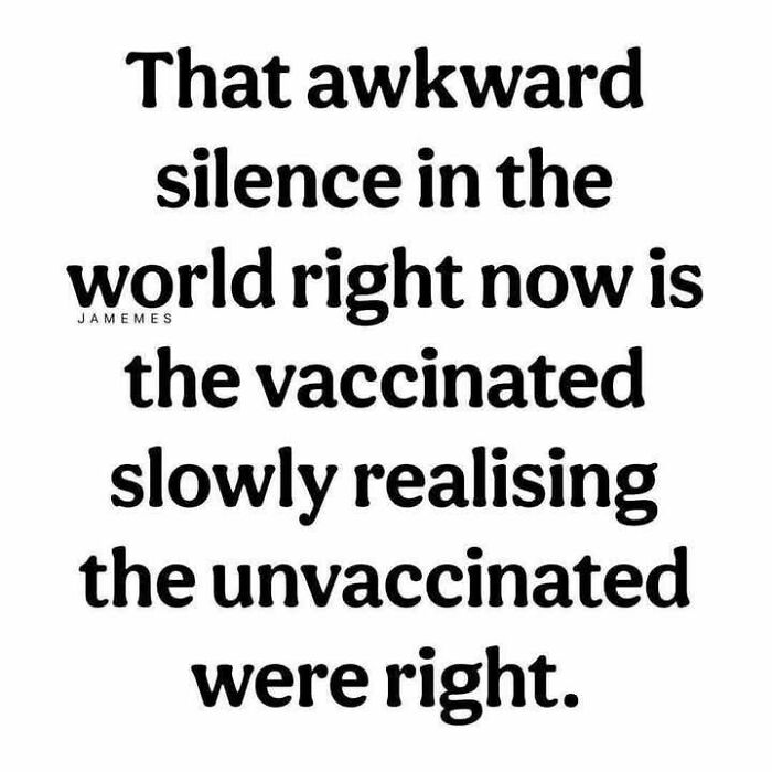 Text about awkward silence as vaccinated people realize unvaccinated viewpoints, highlighting absurd scientific takes in modern society.