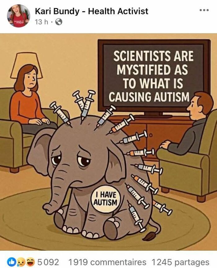 Cartoon of an elephant labeled with autism and syringes around it in a therapy session, highlighting scientific takes on autism.