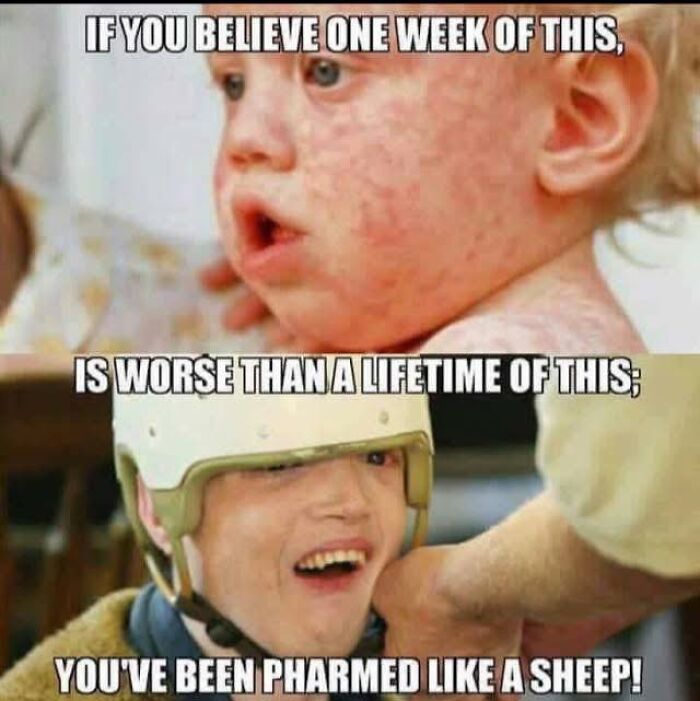 Child with a rash contrasted with a helmeted person, illustrating absurd scientific takes about modern society beliefs.