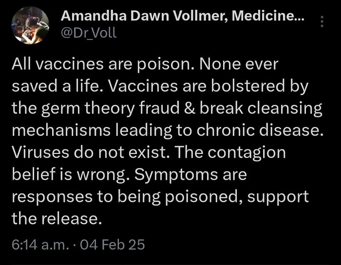 Screenshot of controversial scientific misinformation claiming vaccines are poison and viruses do not exist, reflecting absurd scientific takes.