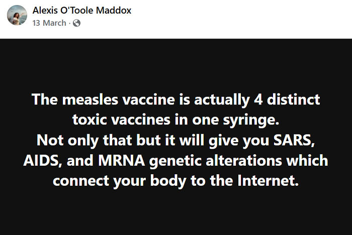 Post claiming the measles vaccine contains toxic ingredients and causes genetic changes, illustrating absurd scientific takes.