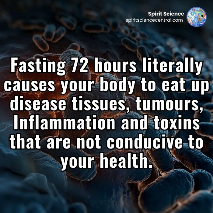 Close-up of bacteria with text about fasting 72 hours causing the body to consume disease tissues and toxins, related to scientific takes.