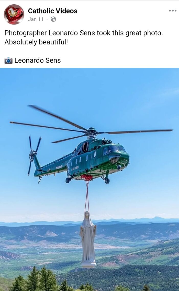 Helicopter carrying large statue over mountainous landscape illustrating absurd scientific takes on modern society.