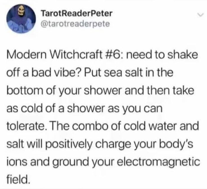 Tweet by TarotReaderPeter sharing an absurd scientific take about modern witchcraft and electromagnetic fields.