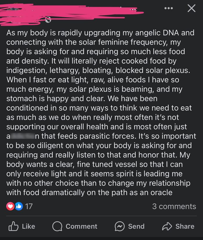 Social media post sharing absurd scientific takes about body, DNA, solar plexus, and modern society beliefs about health and food.