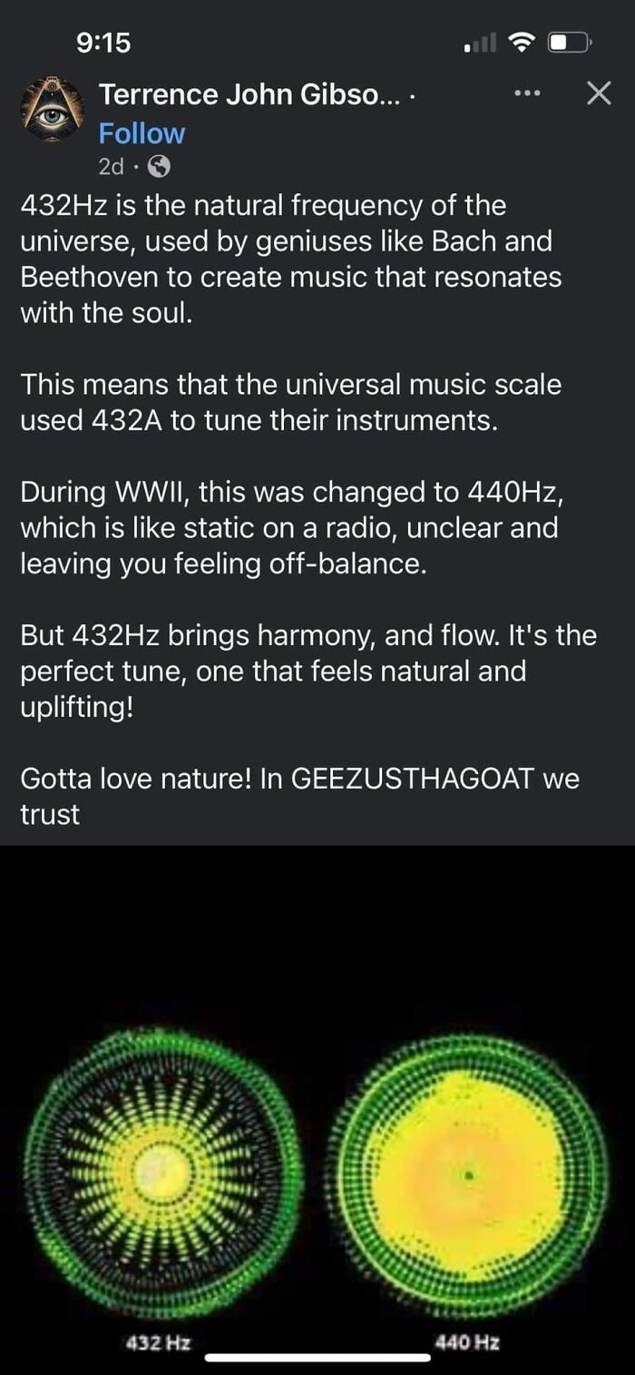 Social media post explaining 432 Hz music frequency with visuals comparing 432 Hz and 440 Hz for absurd scientific takes.