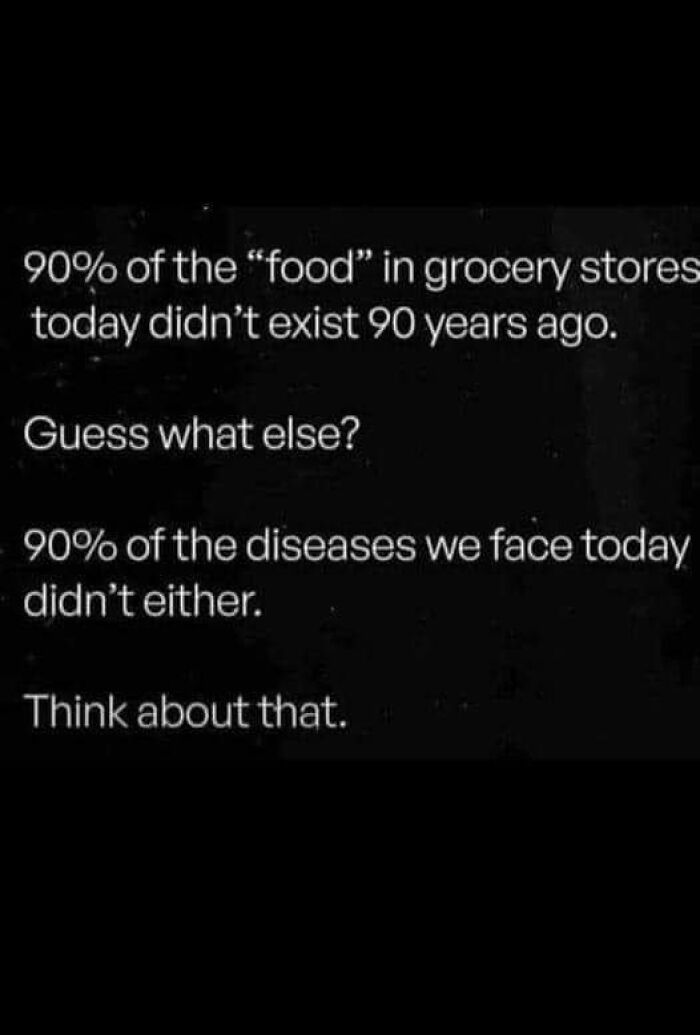 Text on black background highlighting absurd scientific takes about modern society, focusing on food and diseases.