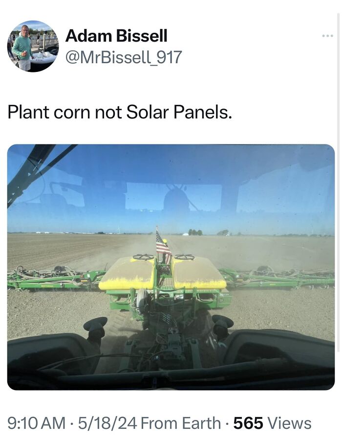 Farming equipment planting corn in a field, illustrating an absurd scientific take about modern society and energy solutions.